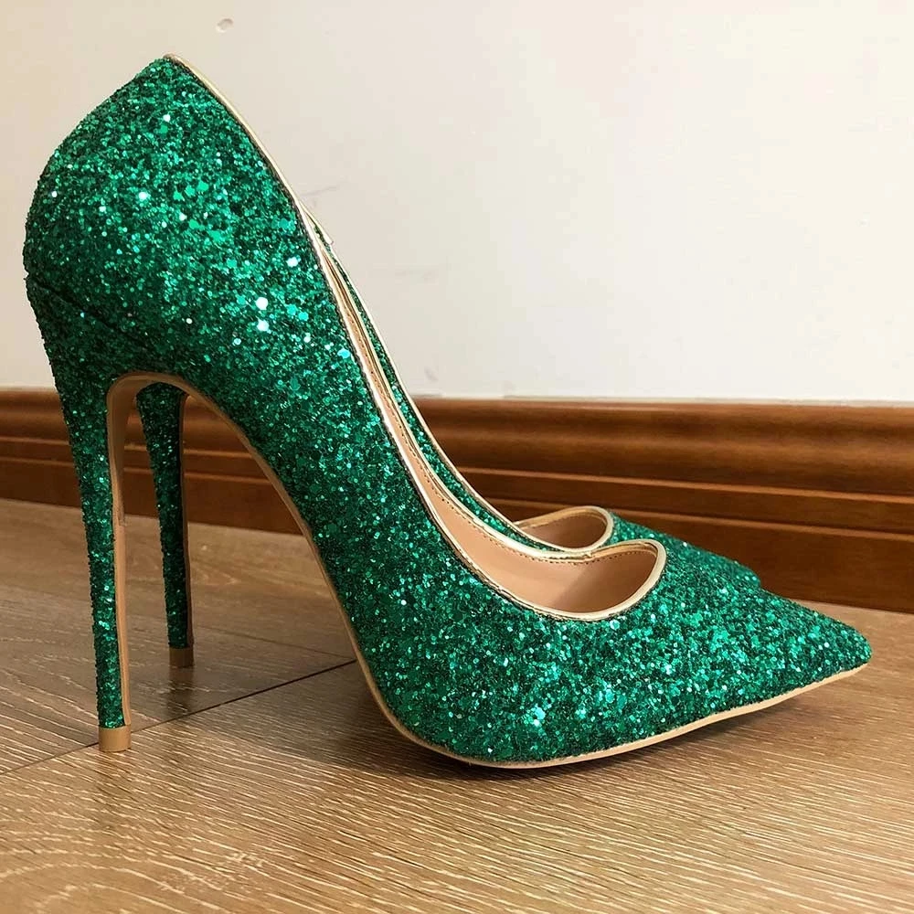 

Glitterling Peacock Green Pumps Woman Sequins High Heel Wedding Shoes Pointed toe Bling Bling Sposa Dress Shoes