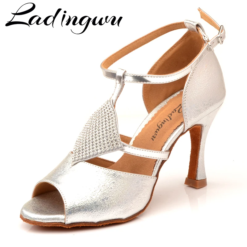 Ladingwu Dance Shoes Latin Women Elegant design Salsa Dance Shoes Silver texture PU Ballroom Dance Shoes Sotft Bottom Sandals