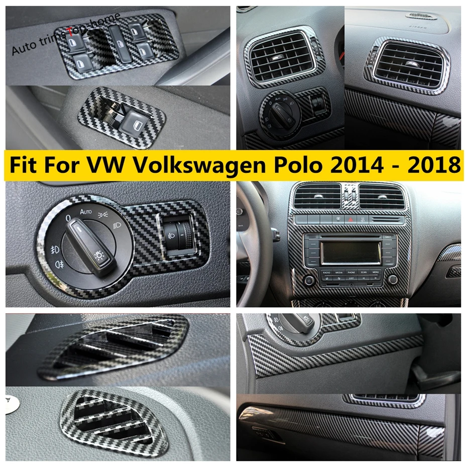 Carbon Fiber Accessories For VW Volkswagen Polo 2014 -2018 Window Lift Head Light Button Dashboard Air AC Outlet Vent Cover Trim