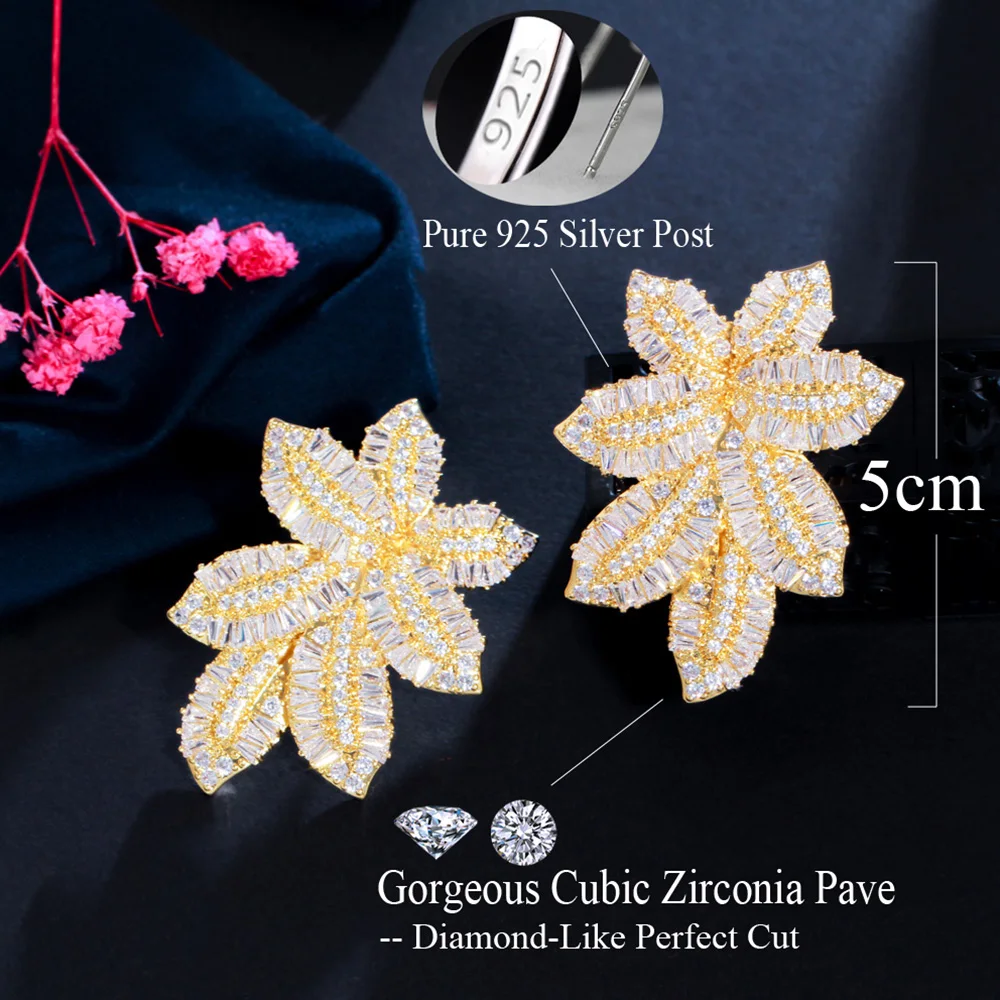 Pera Precious Yellow Gold Color Big Leaf Design Drop CZ Zircon Luxury Banquet Jewelry Long Dangle Earrings for Women Party E864