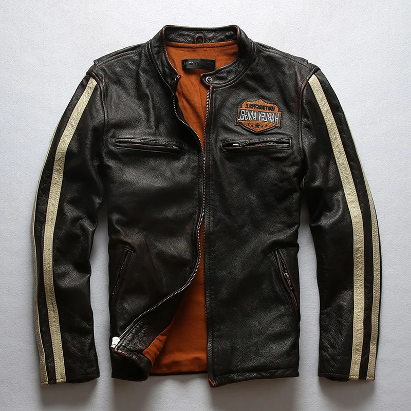 fashion brand stripe genuine men slim fit vintage motorcycle men's letter moto biker jacket leather coat