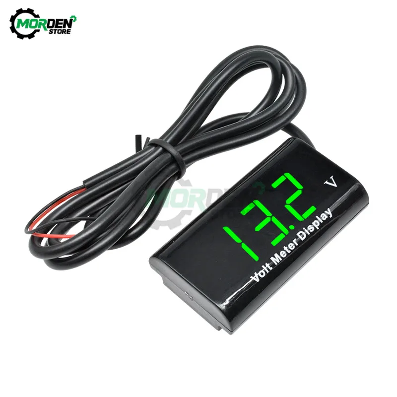 Voltímetro Digital para motocicleta y coche, medidor de voltaje con pantalla LED de 0,56 pulgadas, IPX6 resistente al agua, 2 cables, 12V, 0-100V,