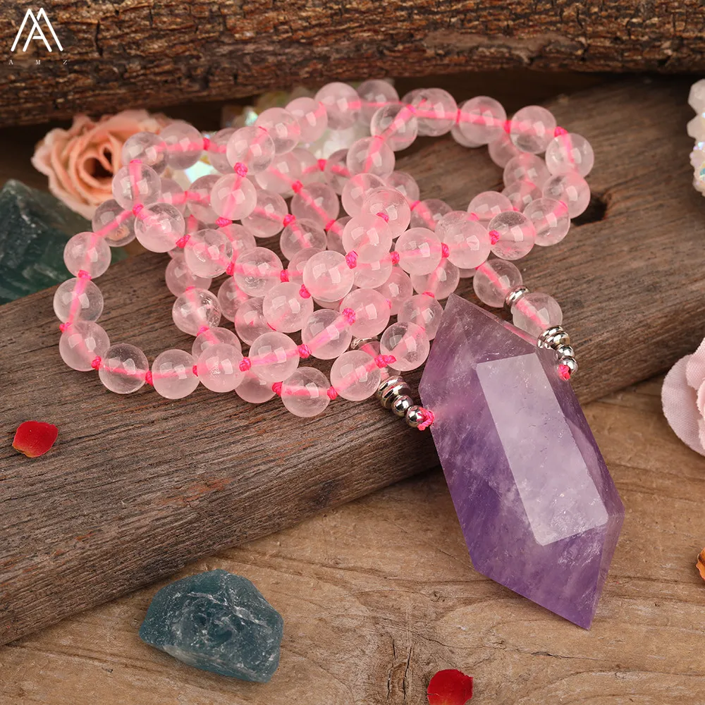 Natural Amethysts Quartz Double Point Pendant Matted Pink Roses Quartz Round Beads Knotted Necklace Handmade Jewelry Dropship