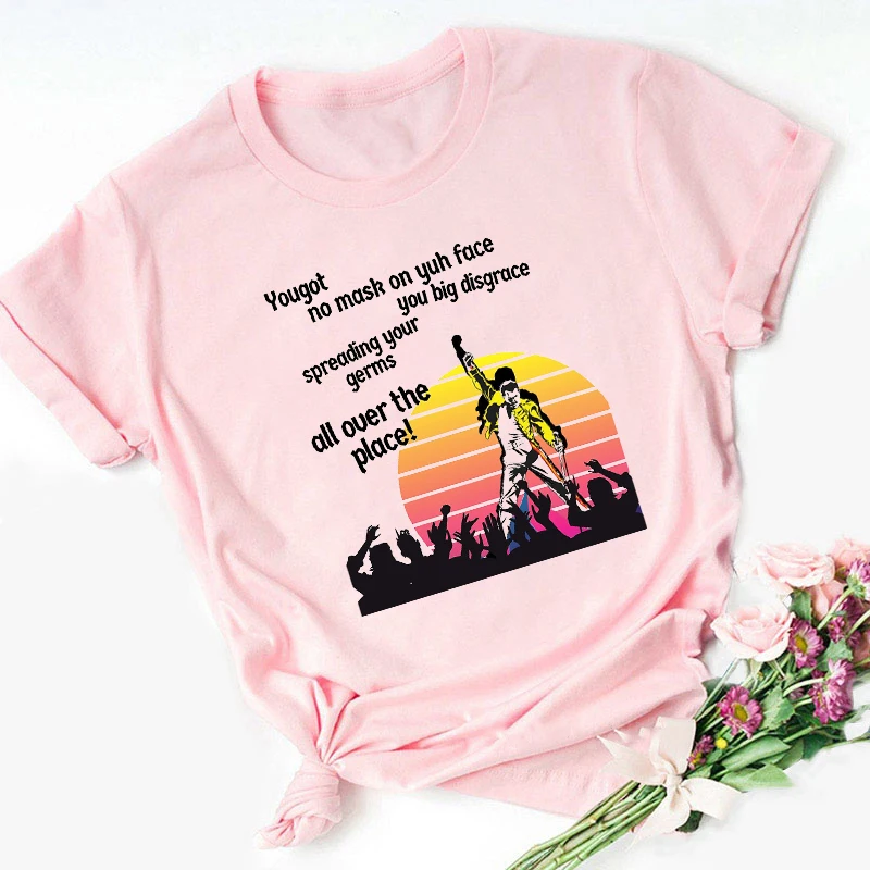 

New Women Clothes Freddie Mercury T Shirt Queen Band T-Shirt Pink Female Clothing Short Sleeve T-Shirts 2021 Summer Brand Rock