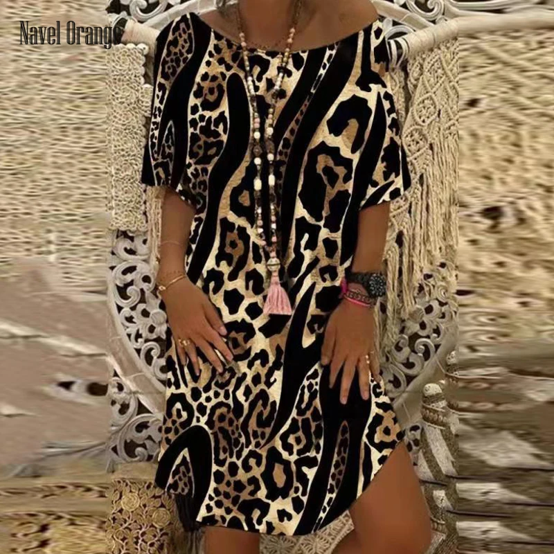 Mini vestido sexy com estampa leopardo feminino, decote em O, mapa, vestido de festa, casual, vestido de verão simples, streetwear, moda feminina, novo, verão