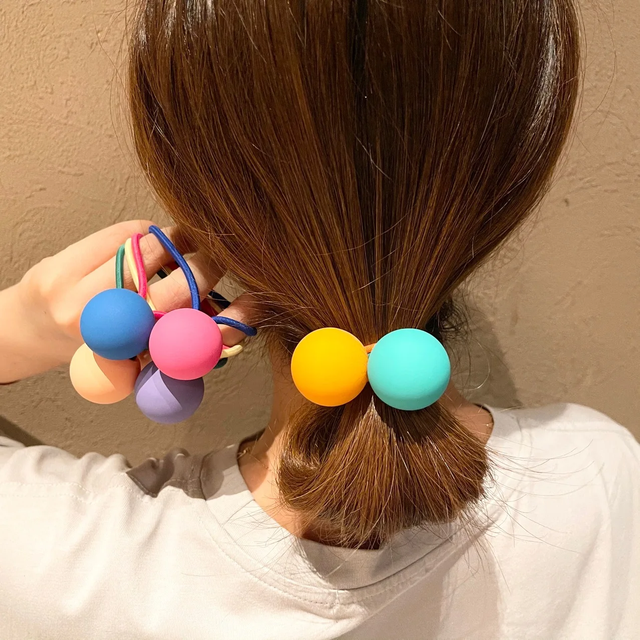 Cute Candy Ball Cute Acrylic Beads Ball Elastic Hair Bands Candy Colors Kids Stretch Hair Ties Lovely Rope Bands Girls Hair Gum