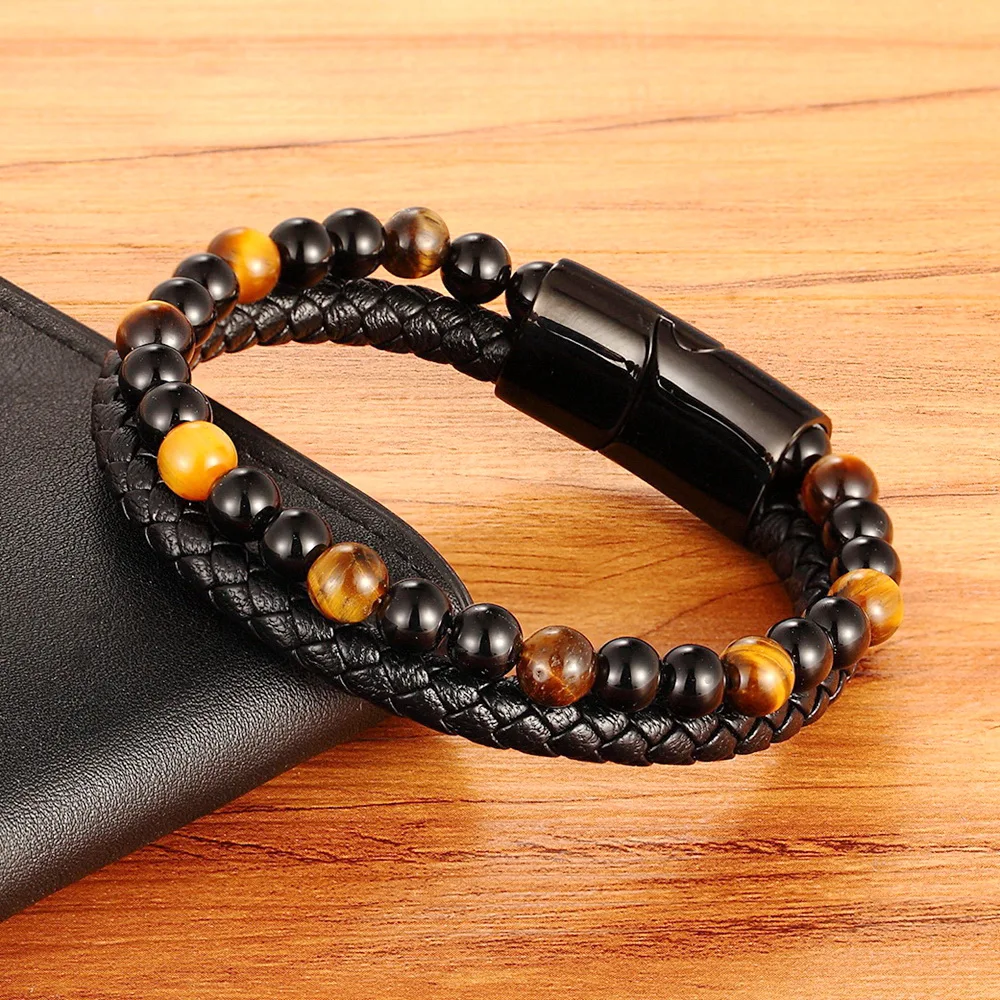 TYO New Arrival Men Bracelet Natural Stone Beads Double Layer Leather Bracelet Stainless Steel Magnetic Clasp Bangle Jewelry