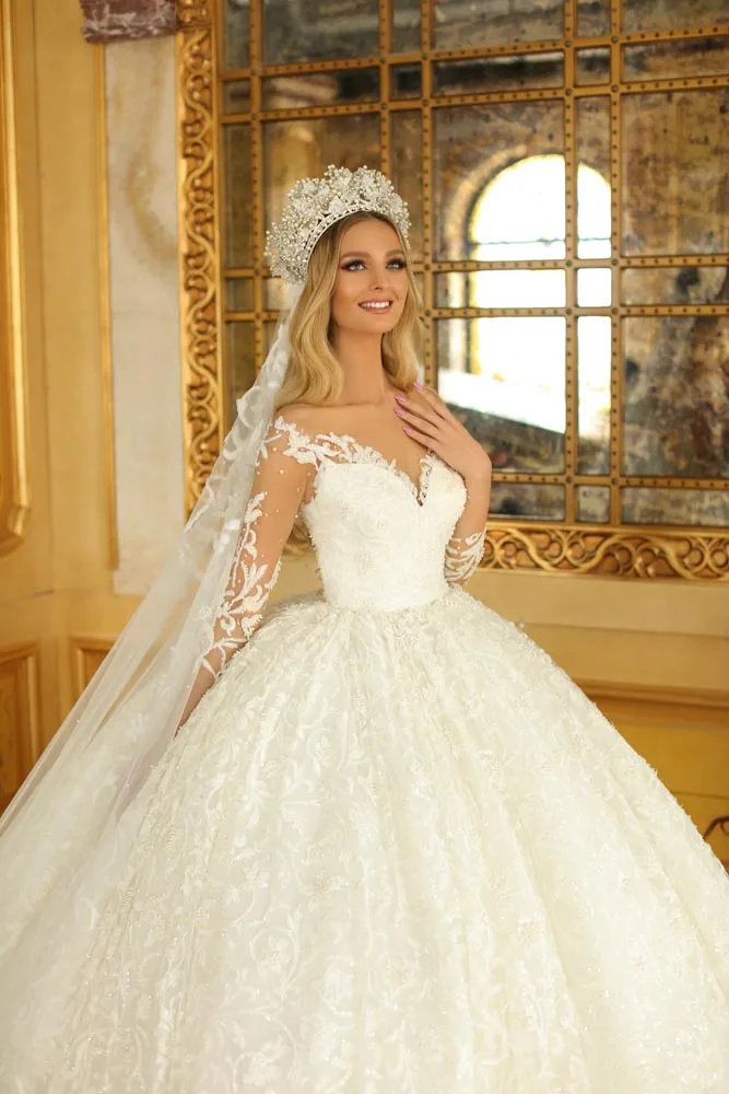 Luxury Dubai Wedding Dresses Puffy Illusion Long Sleeve Lace Appliques Bridal Gowns Tulle Sweep Train Ball Gown Wedding Dress