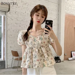 Shirts Women V-neck Floral Embroidery Summer Korean Style Girlish Version Puff Sleeve Mujer Casual Daily Female Clothing Newly