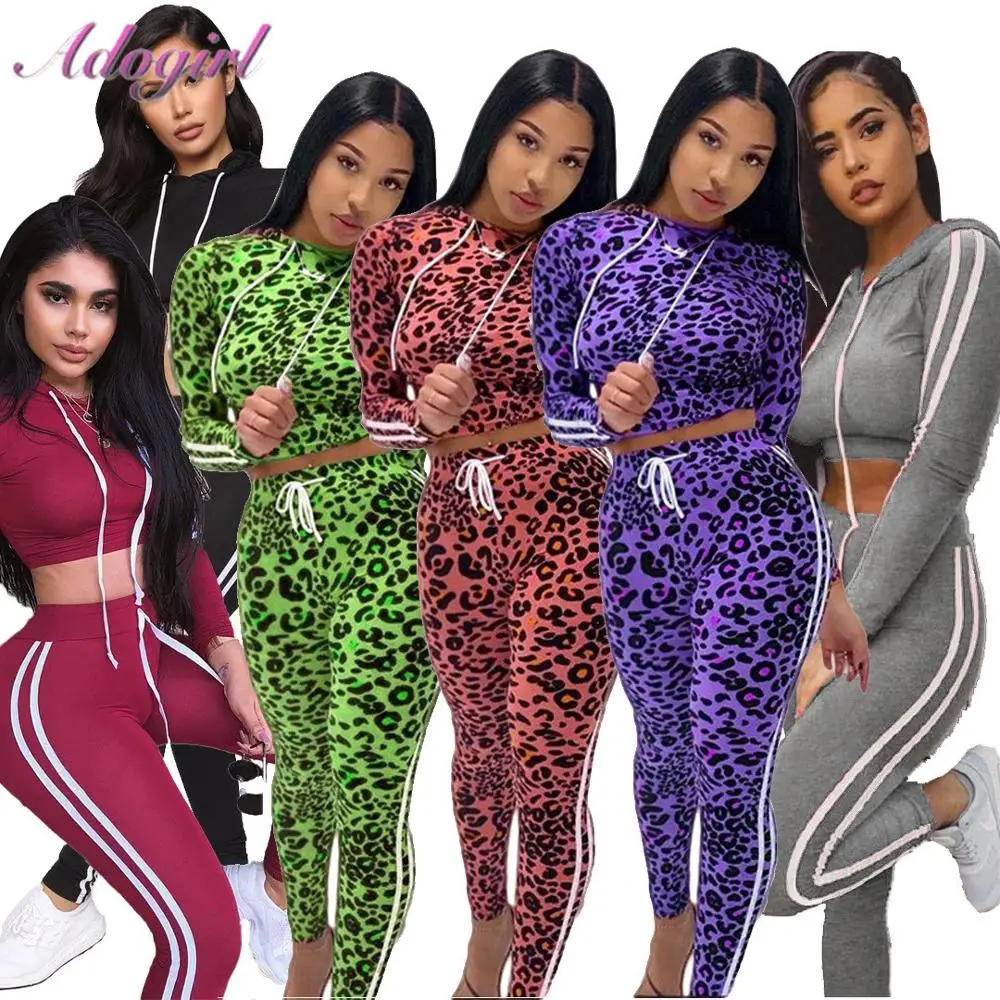 casual leopard print two piece set women causal long sleeve Drawstring crop tops hooded leggings pants suit activewear tracksuit