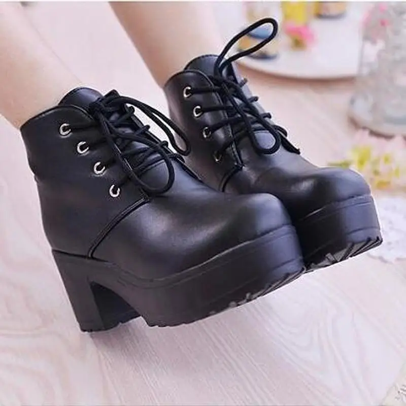 g4 Women\'s Single Boots New Horse Boots Square Heel Round Toe Spring High Heel Boots Lace-Up Plus Size 35-45