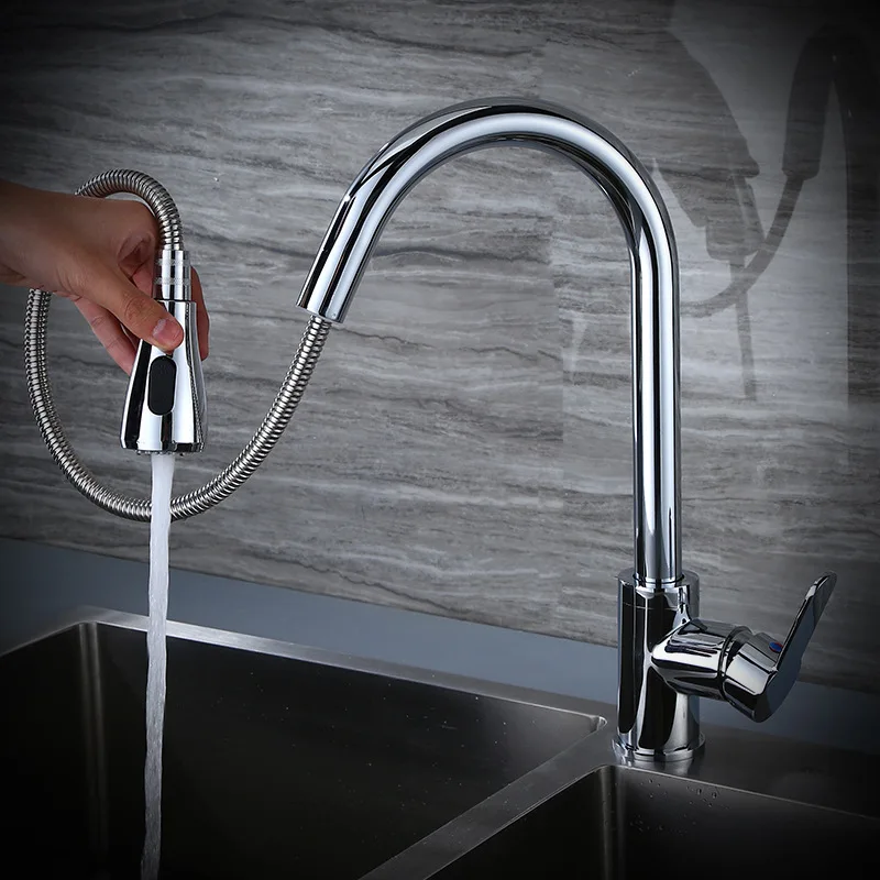Luxury Kitchen Faucets Pull Out Flexible Sink Faucet Deck Mount Stream Shower Water Mixer Tap 360 Rotation Hot Cold Copper Taps