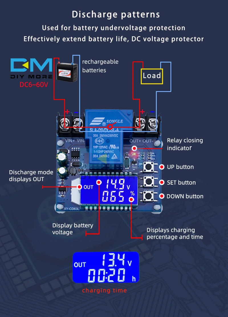 XY-CD63L 30A Battery Charging Control Module Full Power off DC Voltage Protection Under Voltage Power Loss Protector