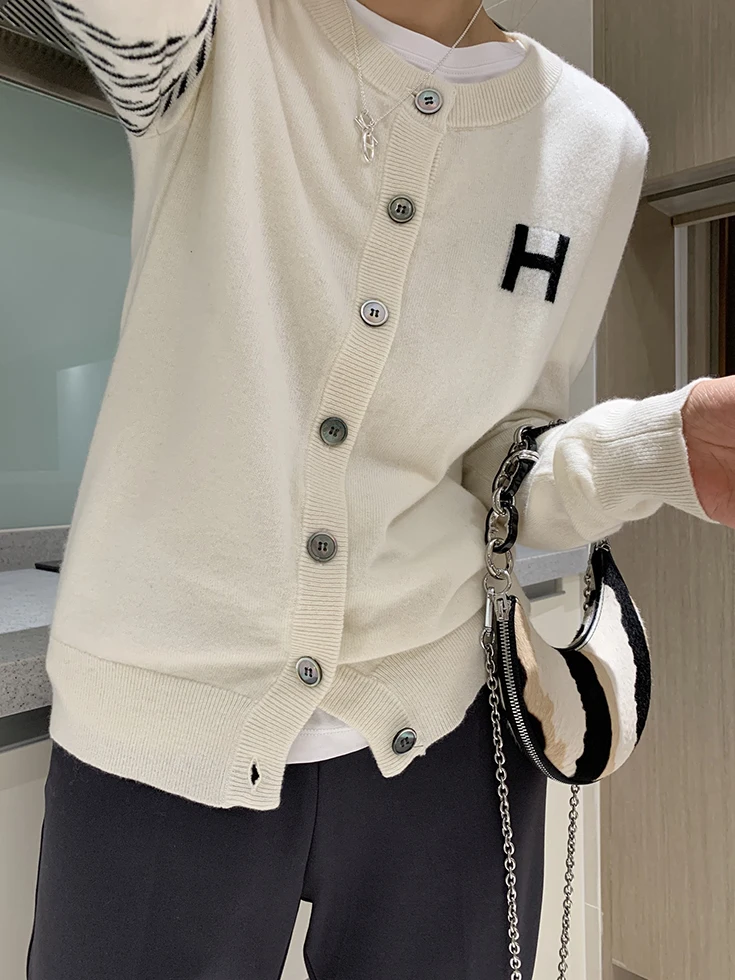 Cardigan en cachemire pour femme, pull à col rond, veste tricotée fine, jacquard ample, lettre H, station européenne