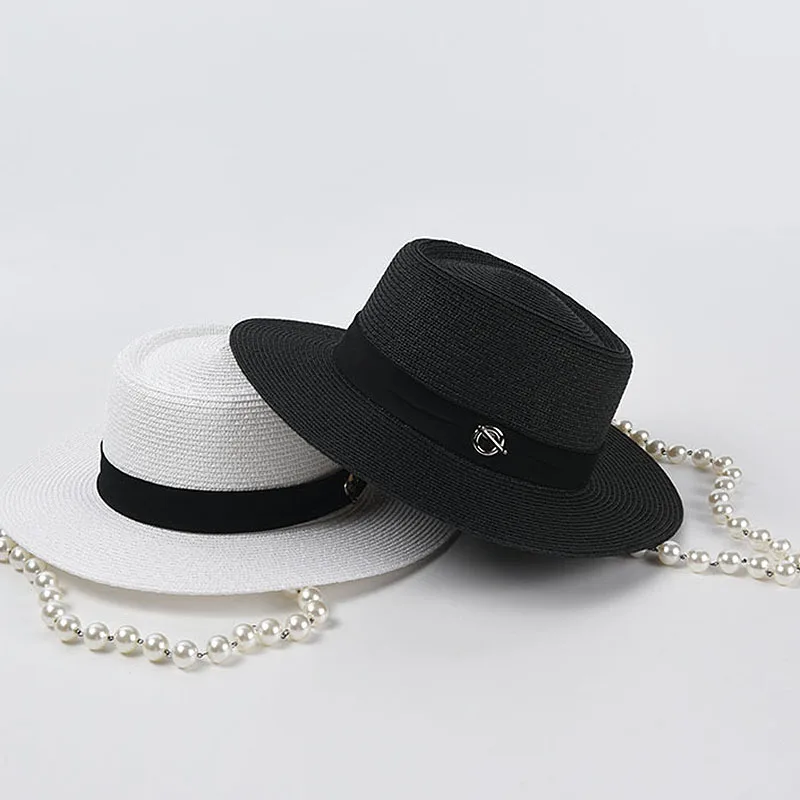 

Elegant Women's Summer Hat Sun Protection Cap Female Concave-Convex Flat Wide Brim Hat Pearl Chain Straw Hat Beach Hat Sun Hats