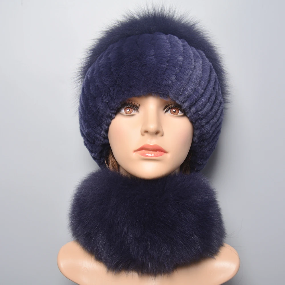 Hot Sale Winter Outdoor Brand Women Real Rex Rabbit Fur Scarf Hat Warm Real Fox Fur Cap Ring Shawl Natural Fox Fur Scarves Hats