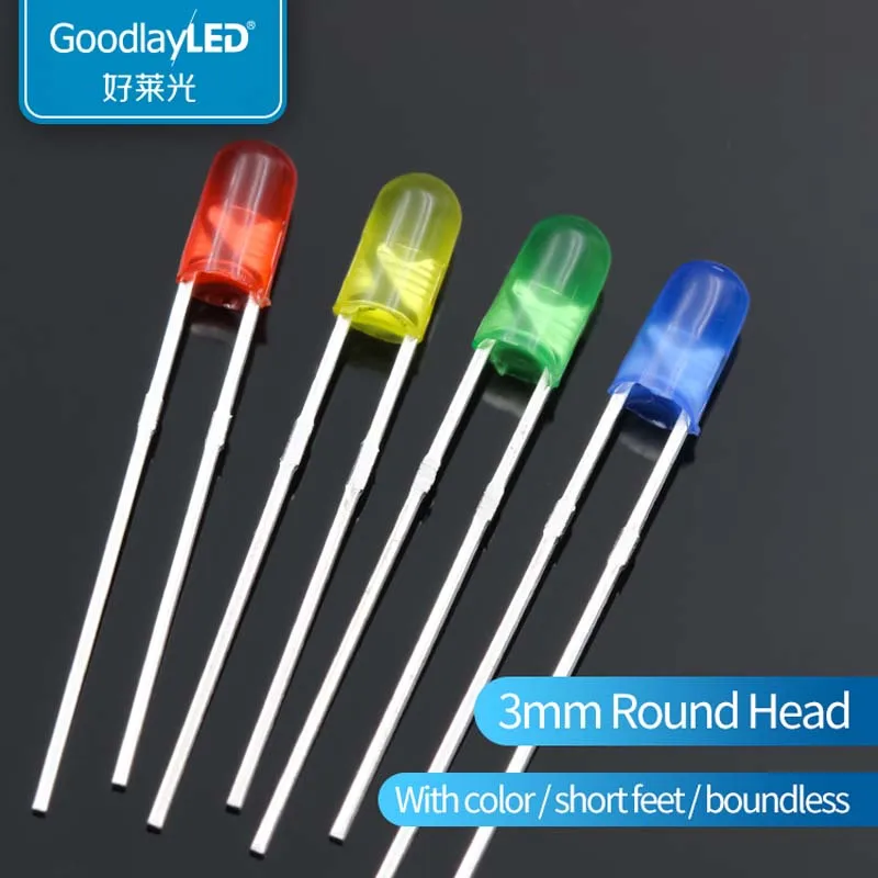 1000PCS Led 3mm Round Head short leg with color highlight red  blue  green and yellow straight plug led beads