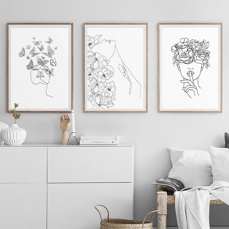 Abstract Head of Flowers Face Line Drawing Print Woman with Butterfly Poster Wall Art Pictures for Living Room Home Decoration