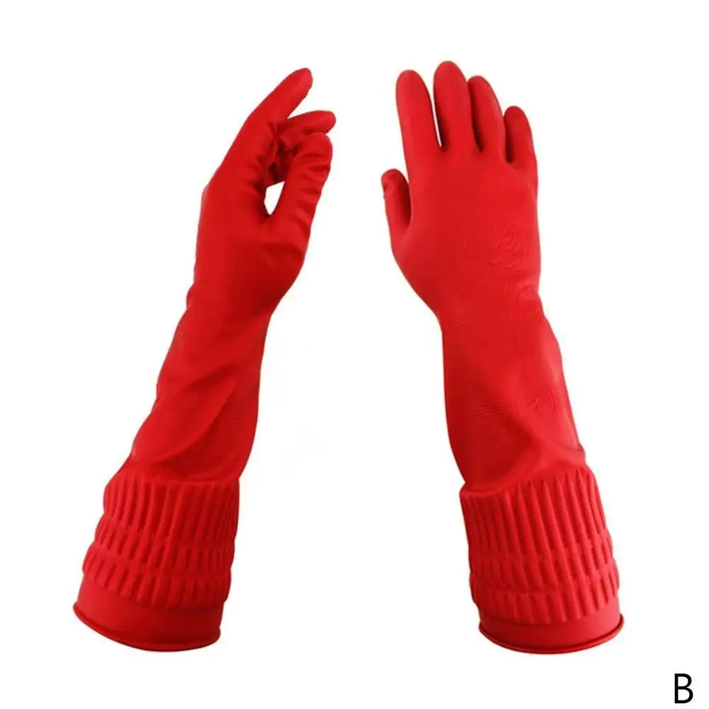 Kitchen Gloves for Washing Dishes Cleaning Red Long Rubber Sleeve Waterproof Latex Tool Gloves D8M5