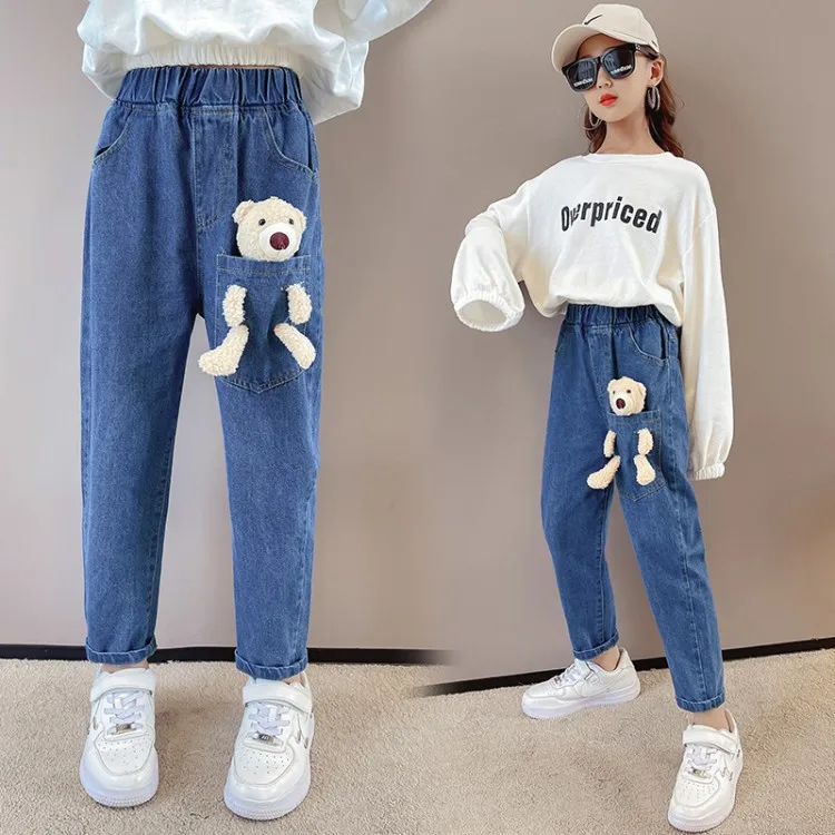 Jeans With Bear Pockets Denim Pants for Girls Spring Autumn Kids Trousers Girls Jeans Children Clothing 4 7 8 9 11 12 14 Years