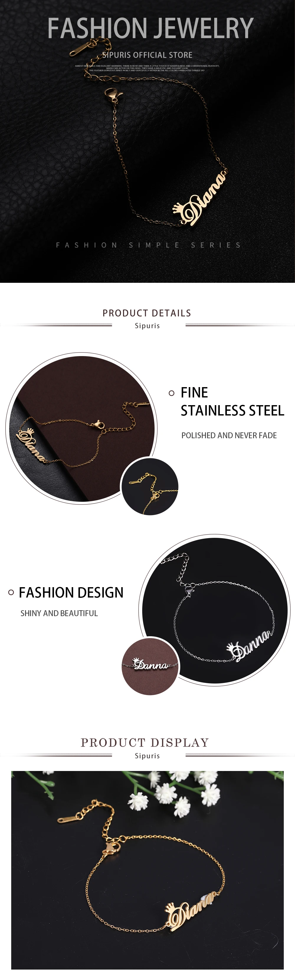 Sipuris Personalisierte Namensarmbänder mit Krone für Frauen, Edelstahl, Individuell Angepasst, Einzigartige Armband-Schmuckgeschenke – Detail 6
