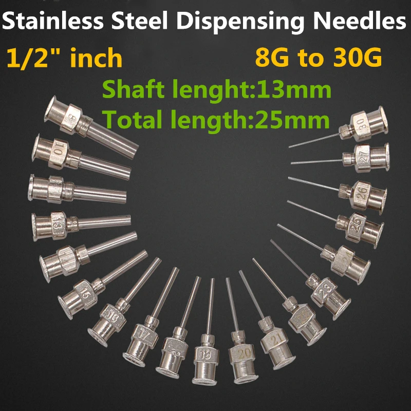 12 Pack 1/2 inch Stainless Steel Dispensing Needles 8G to 30G Luer Lock Syringe Tips Glue Blunt All Metal Dispense Tips/Needles