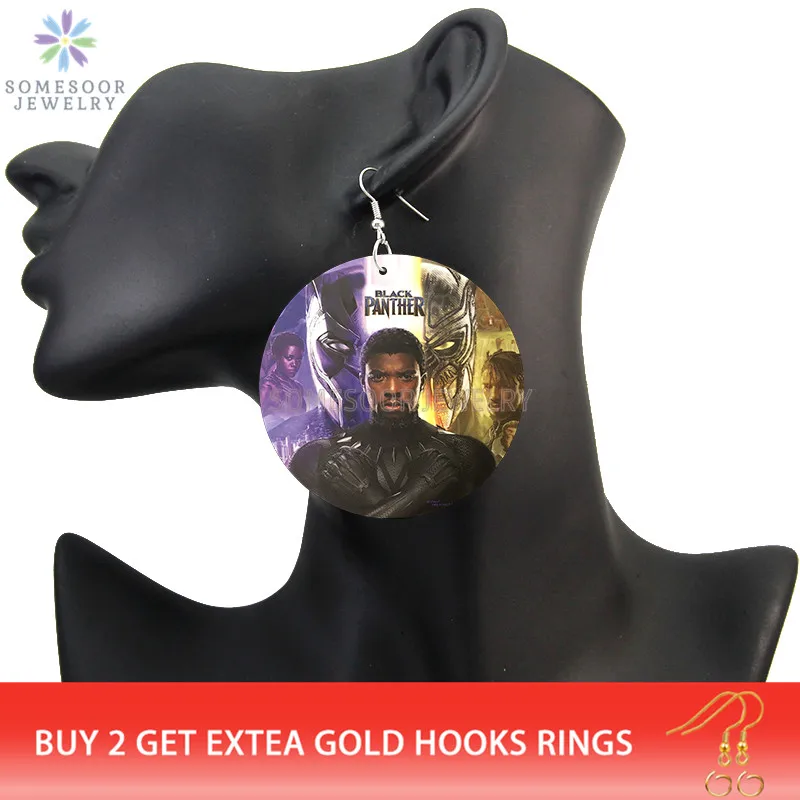 SOMESOOR WAKANDA Forever Chadwick Boseman Wooden Drop Earrings Black King African Inspire Design Printed Loops For Women Gifts