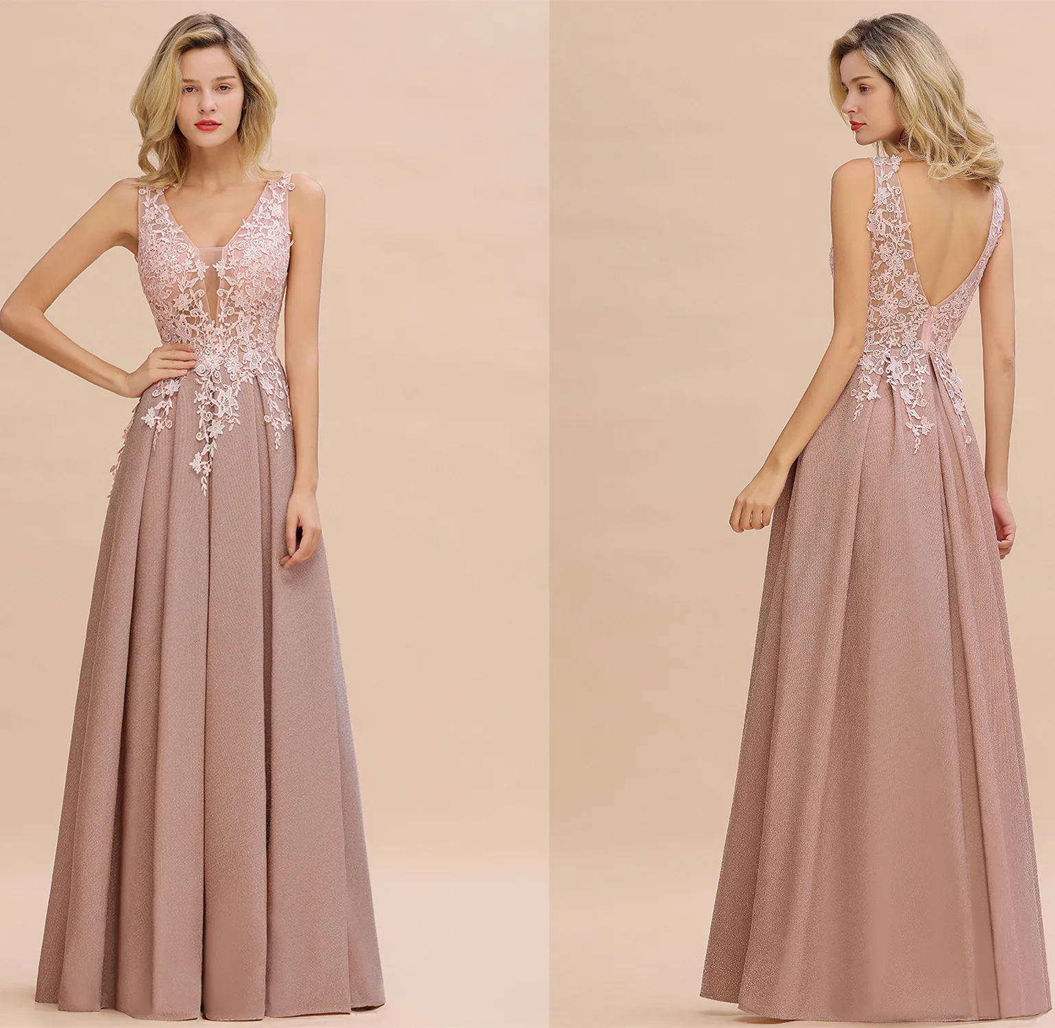 Robe de soirée longue rose poussiéreuse, sans manches, avec des Appliques en dentelle, dos nu, ligne A, robe élégante, Sexy, robes de fête