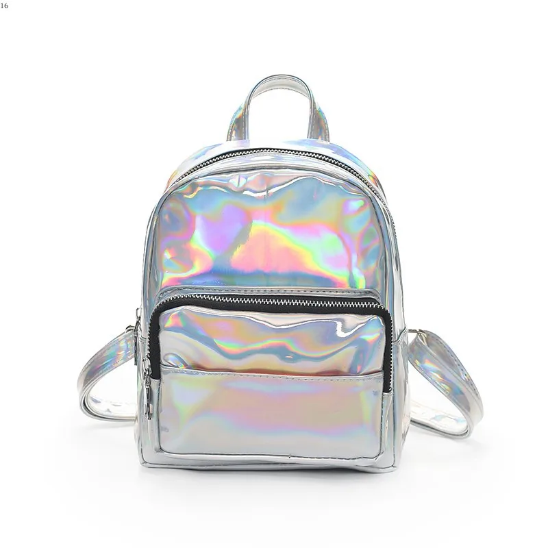

Pink Silver Waterproof Female Small Bags Leather Holographic Mini Backpacks For Teenage Travel Bag