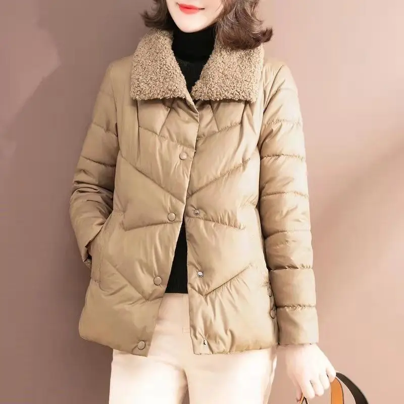 Fashionable Female Lamb Wool Warm Jacket women New Winter Light and Thin Korean Casual Button Solid Color Lapel Pocket Coat