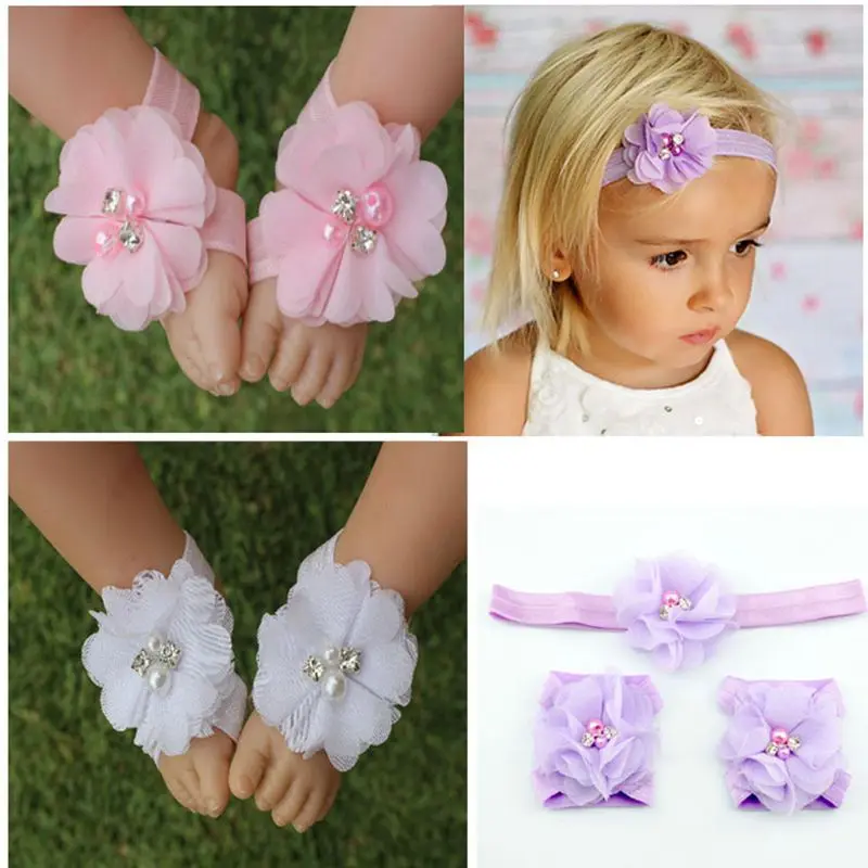 baby headband infant rhinestone flowers baby barefoot sandals headband set shoes Photography Props children hair Accessories