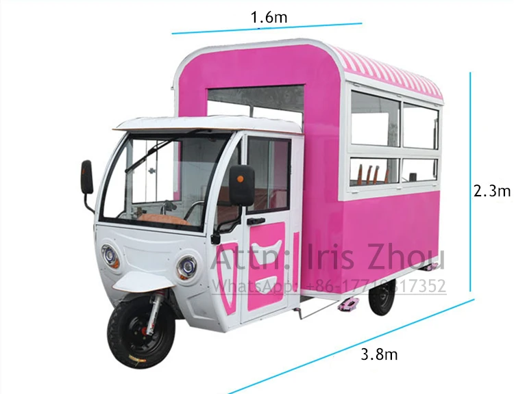 สามล้อยอดนิยม3.8M ยาวไฟฟ้ามือถือน้ำแข็งครีมอาหารรถเข็นสามล้อ Hotdog Street Fast อาหารหยอดเหรียญรถบรรทุก