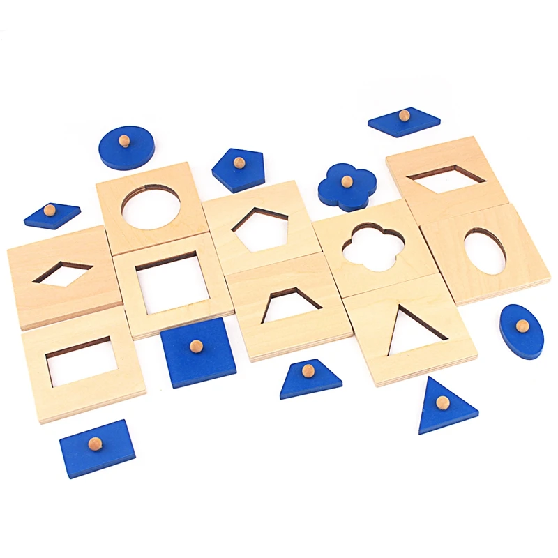 Small Size Montessori Wood Blue Insets Geometric Shape Wooden Nail Grab Board Toys for Children Early Learning Kindergartens 2-4