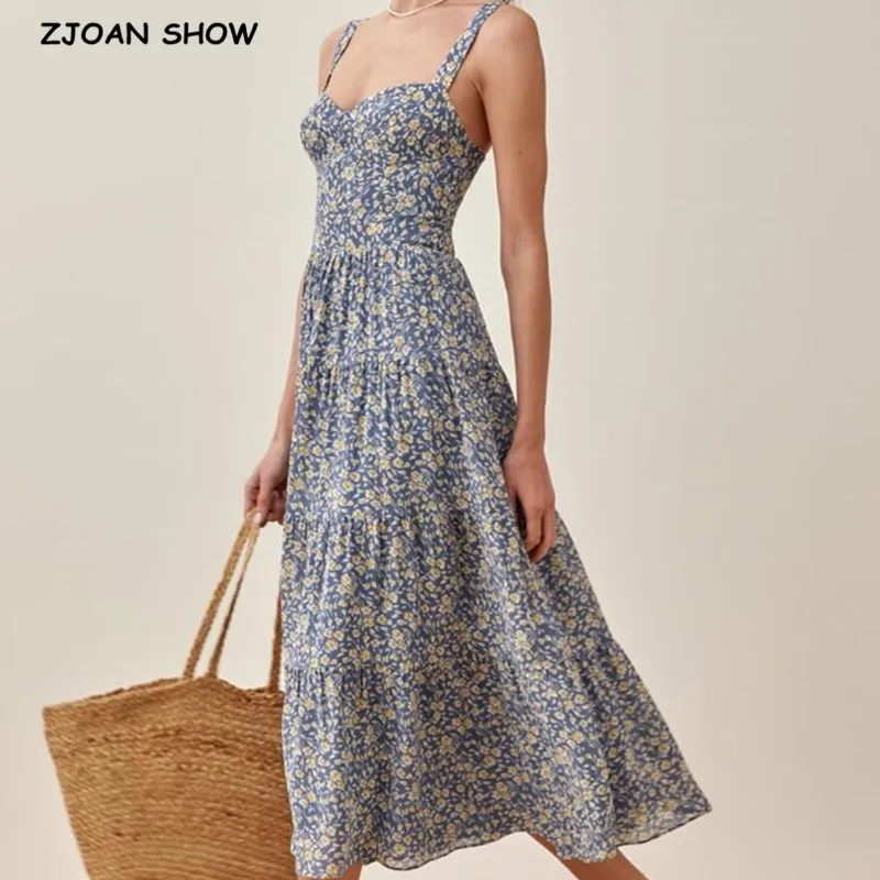 

2021 Vintage France Style Blue Floral Print Strap Ruched Hem Midi Dress Sexy Women Elastic Back Swing Aline Sling Dress Holiday