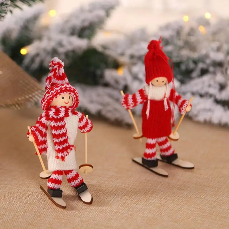 2020 Christmas Tree Pendant Mini Doll Christmas Decoration Figurine Christmas Decorations Skiing Wooden Toy Doll LX8586