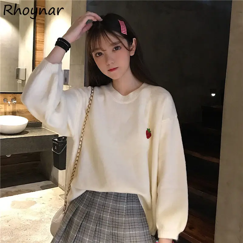 

Pullovers Women O-Neck Soft Sweet Solid Embroidery Students Warm Autumn Long Sleeve Feminine Sweater Korean Style Casual Baggy