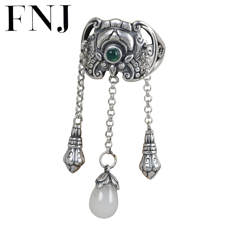 

FNJ 925 Silver Bat Ring for Women Jewelry 100% Original Pure S925 Sterling Silver Rings Vintage Tassel Jade