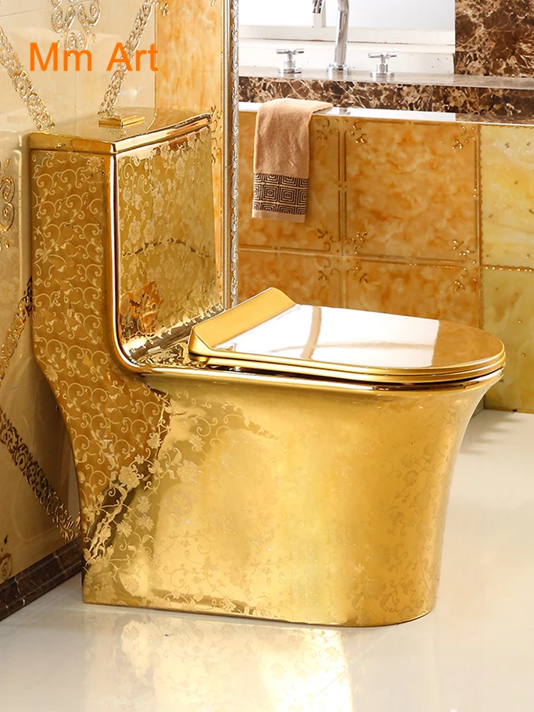 Artistic Plain Golden One Piece Closestool Siphon Fluishing S-Trap Floor Mounted Luxious Villa Bathroom Seat Toilet