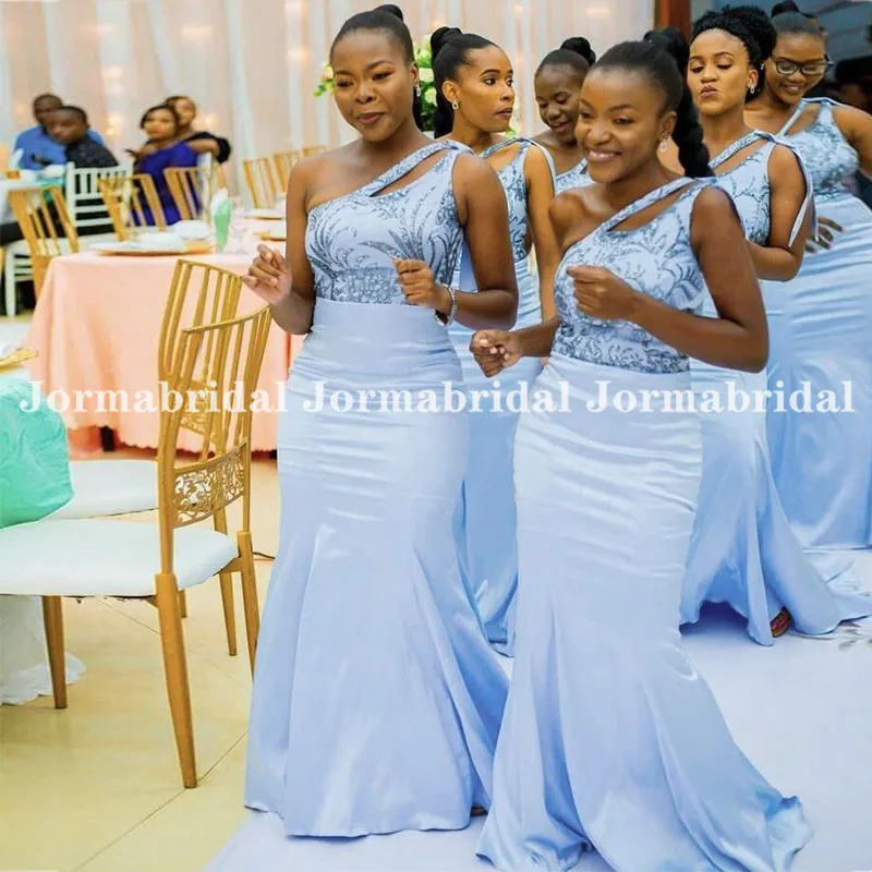 

One Shoulder Light Sky Blue Bridesmaid Dresses With Sequins Lace Bruidsmeisje Jurken Mermaid Long Wedding Guest Dress For Women