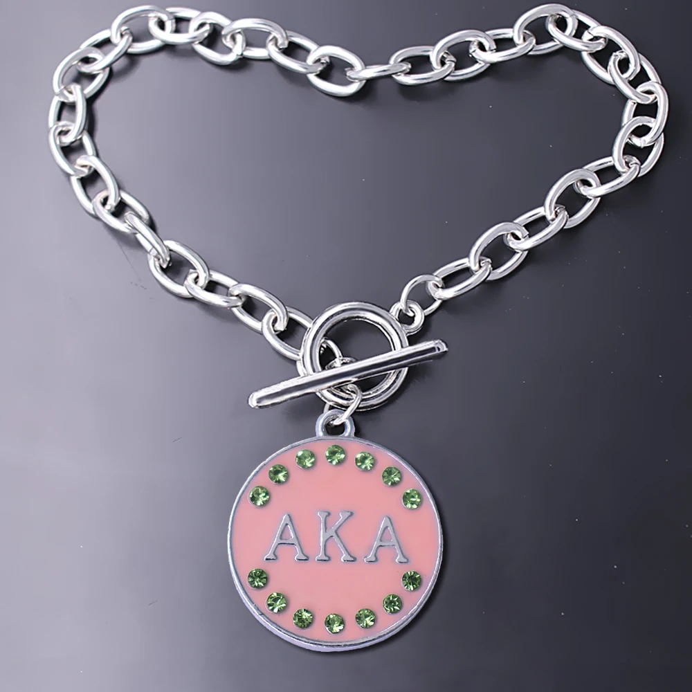 Personality university greek sorority society INC pink green enamel metal badge logo pendant bracelet bangle