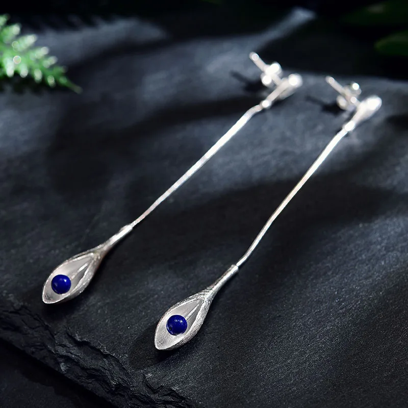 

Lotus Fun Real 925 Sterling Silver Natural Lapis Handmade Fine Jewelry Vintage Elegant Long Dangle Earrings for Women Brincos