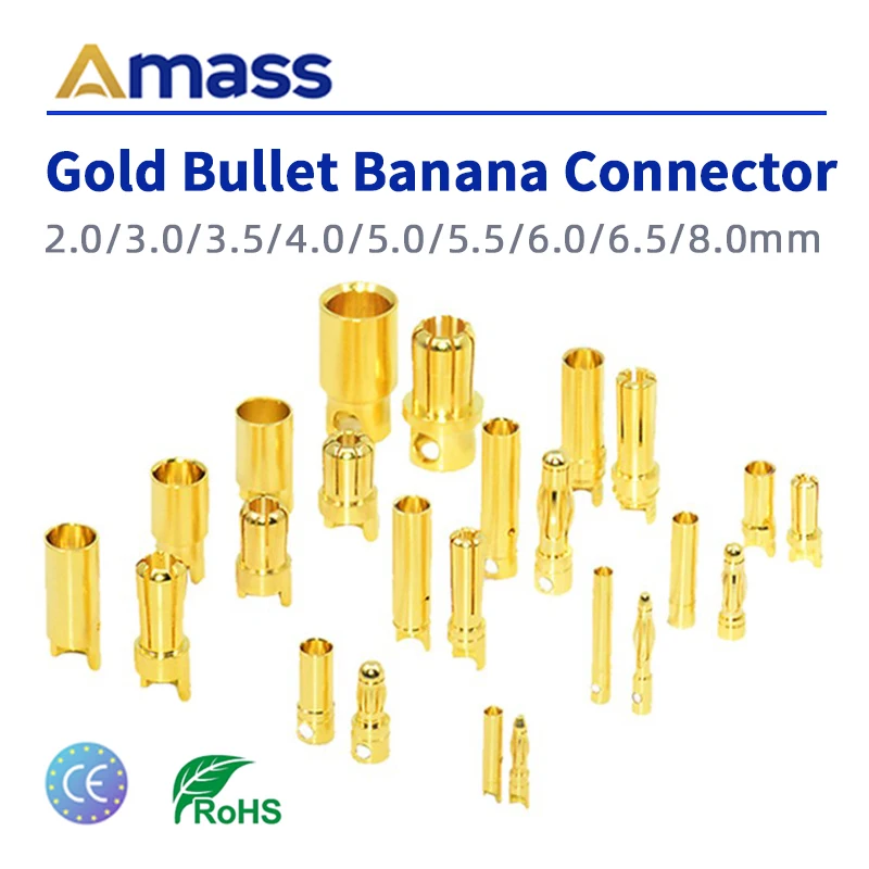 （5 Pairs）Amass 2.0/3.0/3.5/4.0/5.0/5.5/6.0/6.5/8.0mm 24K Real Gold Full Series Banana Head Gold Bullet Banana Connector