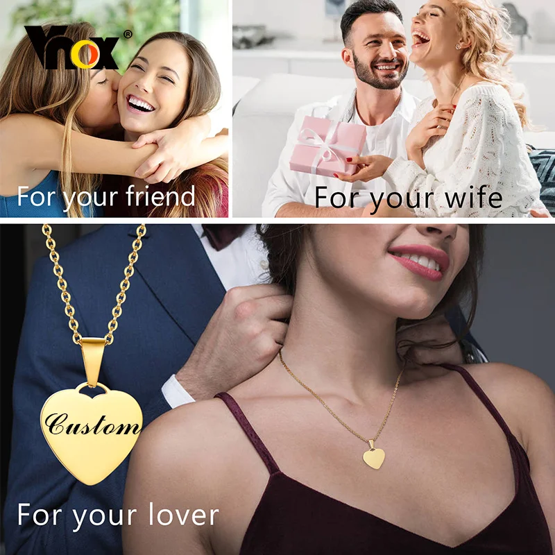 Vnox Customizable Heart Pendant Necklaces for Women, Glossy Gold Color Stainless Steel Neck Collar, Anniversary Gift for Her