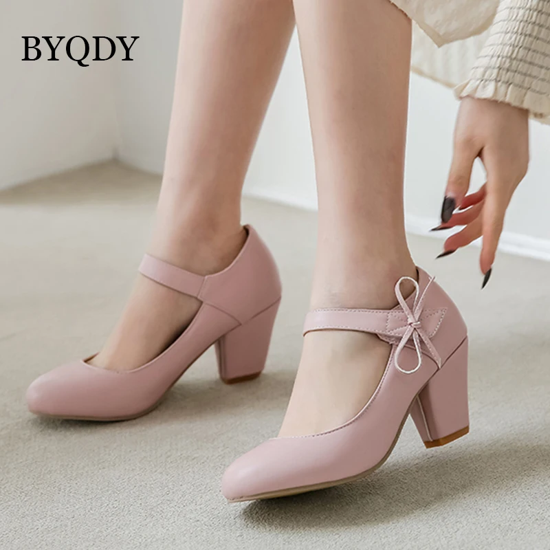 BYQDY Women Pumps 7cm High Thick Block Heels Round Toe Mary Janes Footwear Wedding Dress Office Lady Ankle Strap Shoes with Bow