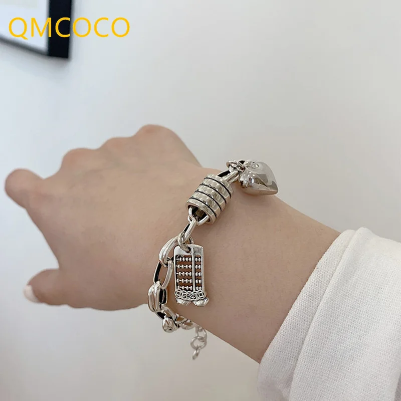 QMCOCO Silver Color Punk Bracelets Women New Trendy Vintage Creative Abacus Love Heart-Shape Thick Chain Party Jewelry Gifts