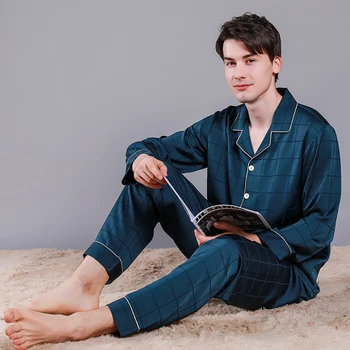 Conjuntos de pijama de seda gelo luxuoso masculino, alta qualidade, plus size, pijama confortável masculino, pijama nobre casual, primavera verão
