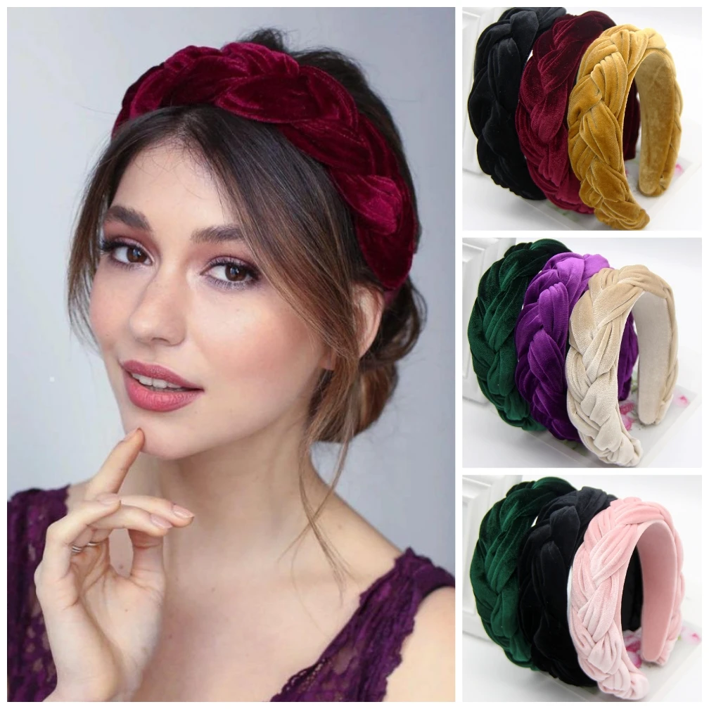 Luxury Burgundy Velvet Braid Hair Band Wide Hairband Hair Hoop Headbands Designer Heair Band For Girls Woman Hair diadema mujer