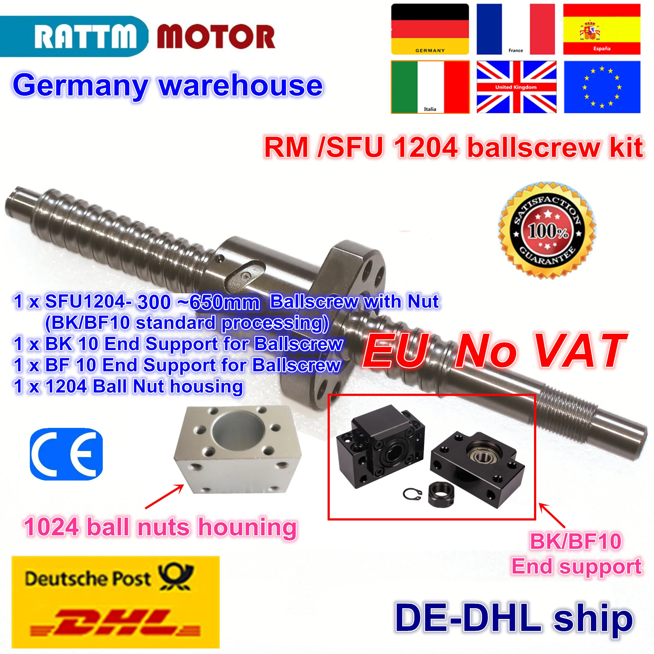 Bez podatku VAT SFU / RM 1204 Śruba kulowa - L300/350/400/500/600/650mm+ Nakrętka kulowa 1204 + wspornik końcowy BK/BF10 + obudowa nakrętki kulowej do CNC