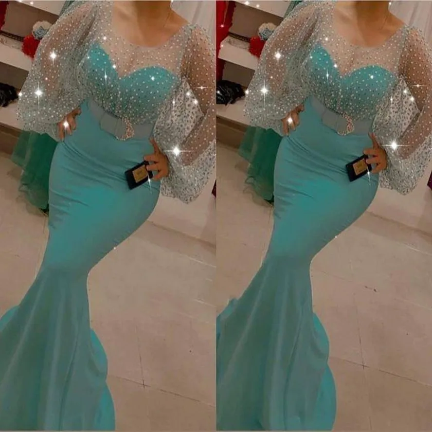 Aso Ebi-vestido De fiesta Formal con mangas abullonadas para mujer, traje Sexy De sirena árabe con cuello transparente, vestido De noche para fiesta, 2022