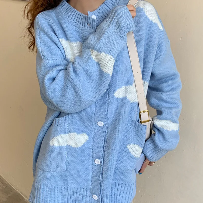 Knitted Female Cardigan Cute Print Clouds O Neck Loose Casual Lady Long Sleeve Knitted Cardigan Women Jacket  Blue White